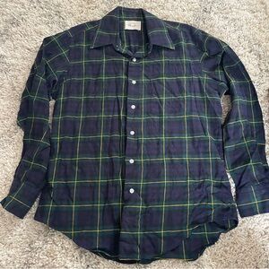 Navy and Green Plaid Button-Down Shirt